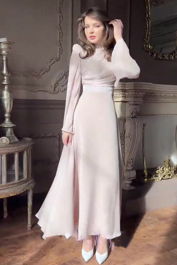 Woochic robe à manches longues col mi-haut plissée trapèze champagne S